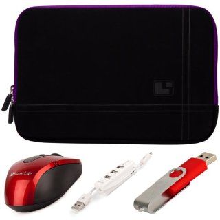 Purple Trim SumacLife Microsuede Sleeve with Neoprene Bubble Padding for Asus Business Pro Advanced B53 Series 15.6 inch Notebooks + Red SumacLife Wireless USB Mouse and Adapter + Red 4GB Flash Memory Thumbdrive + Kallin Universal 3 Port USB Hub with Micro