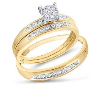 Diamond Engagement Rings Set Wedding Bands Yellow Gold Men Lady .07ct: Jewel Tie: Jewelry