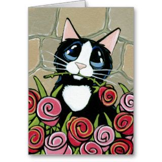 Tuxedo Cat with Red & Pink Roses Greeting Card