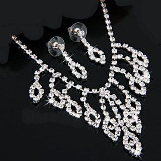 Silver *6 Plated Crystal Rhinestone Tassel Pendant Bridal Necklace and Matching Earrings Set: Jewelry Sets: Jewelry