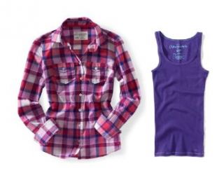 Aeropostale Womens Purple (667) Long Sleeve Bold Plaid Woven Shirt Coordinated with Aero's Purple (542) Solid Boytank   Juniors Size XSmall (XS) Small (S) at  Womens Clothing store: Clothing Sets