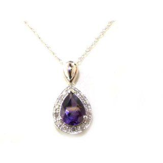 Solid White 9K Gold Pear cut Amethyst & Diamond Cluster Set Pendant & 18" Chain Necklace   Ideal Gift for Mum, Daughter, Wife, Sister, Mothers Day, Birthday, Christmas: Jewelry