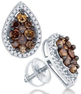 10K White Gold Round Brilliant Cut Chocolate Brown and White Diamond   Pear Shape Halo Invisible & Channel Set Studs Earrings with Secure Screw Back Closure   (.99 cttw.): Jewelry