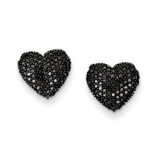 Sterling Silver Black Diamond Heart Post Earrings: Jewelry