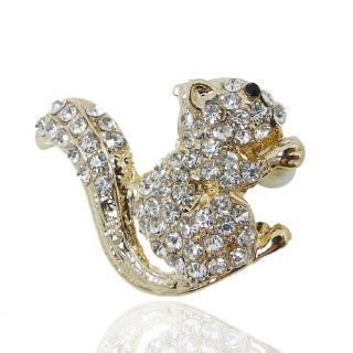 Squirrel Brooch Simulated Pearl Clear Austrian Crystals Gold Tone A03025 1: Jewelry