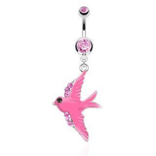 316L Surgical Steel Belly Ring with Pink Colored Enamel Swallow with Accent Cubic Zirconia on Wings Dangle   14G (1.6mm), 3/8'' Bar Length   Sold Individually: Jewelry