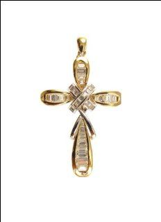 14k Yellow and White Gold, Fancy Cross Pendant Charm Lab Created Gems 28mm Wide Jewelry
