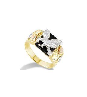 Mens 14k Yellow White Rose Gold Eagle Leaves Onyx Ring: Jewelry