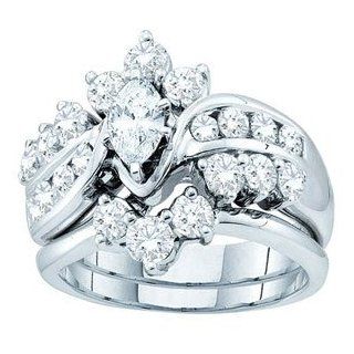 2 Carat Marquise Round Diamond 14k White Gold Bridal Set w/ Ring Guard Band: Wedding Ring Sets: Jewelry
