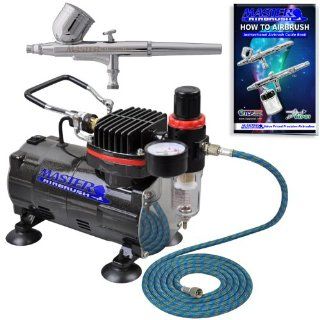 Master Airbrush Brand High Performance Multi purpose Gravity Feed Dual action Airbrush Kit with 6 Foot Hose and a Powerful 1/5hp Single Piston Quiet Air Compressor The Complete Set Now Includes a (FREE) How to Airbrush Training Book to Get You Started