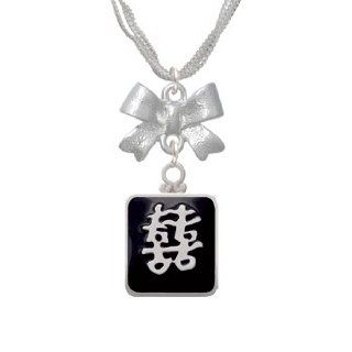 Chinese Symbol "Double Happiness" on Black with Silver Frame Emma Bow Necklace: Jewelry