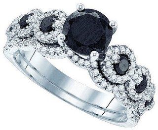 14k White Gold Black colored Round Solitaire Diamond with Accents Womens Ladies Unique Bridal Wedding Engagement Ring & Anniversary Band Set   1.75 Ct.t.w.: Jewelry