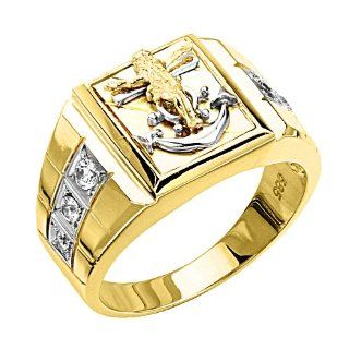 14K Yellow Gold Religious Jesus Cross Crucifix Anchor Fashion CZ Cubic Zirconia High Polish Finish Ring Band for Men: The World Jewelry Center: Jewelry