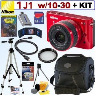 Nikon 1 J1 10.1 MP HD Mirrorless Compact Digital Camera System with 10 30mm f/3.5 5.6 VR 1 NIKKOR Zoom Lens (Red) + 16GB Deluxe Accessory Kit : Digital Slr Camera Bundles : Camera & Photo