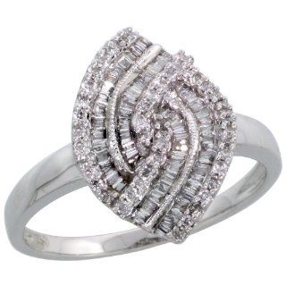18k White Gold Marquise shaped Diamond Ring, w/ 0.14 Carat Brilliant Cut & 0.27 Carat Baguette Diamonds, 5/8" (16mm) wide: Jewelry