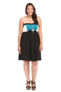 Teal White Black Color Block Strapless Dress at  Womens Clothing store:
