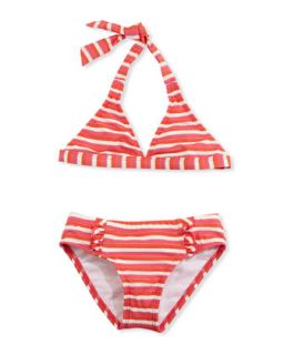 Shimmer Striped Ruffle Detail Two Piece Swimsuit, Coral, 7 14