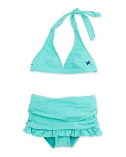 Ruched Ruffle Skirt Two Piece Swimsuit, Seafoam, 7 14