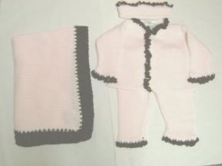 Cpk601bk, Knitted on Hand Knitted Machine Baby Pink Cotton Trimmed By Hand Crochet with Dark Brown Chenille Infant Girls Cardigan Sweater Pant Hat Set and Matching Blanket (6 12mo): Infant And Toddler Layette Sets: Clothing