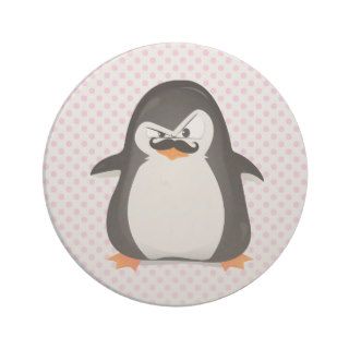 Cute Black  White Penguin And  Funny Mustache Beverage Coaster
