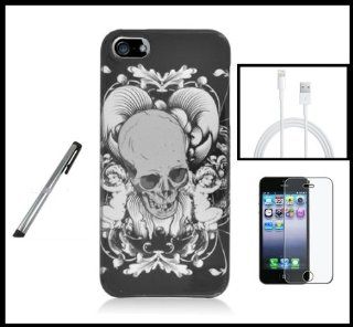 Case Cover for iPhone 5 5 Glossy Skull with Angels Case Faceplates + Clear Screen Protector + Silver Stylus Touch Screen Pen + 1 White  8 Pin to USB Cable Charger Cord Data for iPhone 5 5G iPod Touch 5th Nano 7th Gen: Cell Phones & Accessories