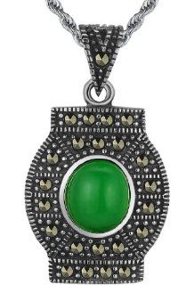 Stainless Steel Antique Style Oval Green Synthetic Jade Pendant Necklace with 2.4mm Rope Chain   G2002zs6: Jewelry