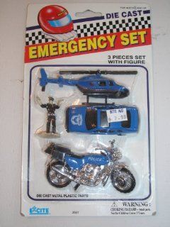 Emergency Rescue Set of Die Cast Vehichles Navy Blue Motor Cycle, Hilicopter, Paramedic & Police Car By Excite Toys & Games