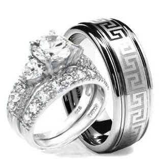 Wedding Ring set, His & Hers 3 Pieces, Hearts 925 STERLING SILVER & TUNGSTEN Engagement Set, AVAILABLE SIZES men's 7,8,9,10,11,12; women's set: 5,6,7,8,9,10. CONTACT US BY EMAIL THROUGH  WITH SIZES AFTER PURCHASE!: Jewelry
