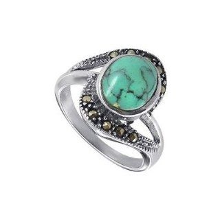 Sterling Silver Oval Shaped 10mm x 11mm Reconstituted Turquoise Stone Marcasite 3mm Band Ring Size 5: Jewelry