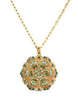Catherine Popesco 14k Gold Plated Pacific Opal and Teal Swarovski Crystals Filigree Medallion Necklace: Catherine Popesco: Jewelry