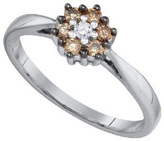 0.25 Carat (ctw) 10K White Gold Round White & Cognac Diamond Ladies Bridal Cluster Flower Engagement Ring 1/4 CT: Jewelry