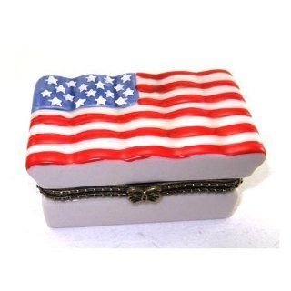 American Flag Stars & Stripes Red, White & Blue Porcelain Hinged Trinket Box   Decorative Boxes
