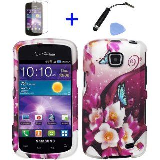 4 items Combo ITUFFY (TM) Mini Stylus Pen + LCD Screen Protector Film + Case Opener + Blue Butterfly White Roses Purple Floral Garden Design Rubberized Snap on Hard Shell Cover Faceplate Skin Phone Case for Straight Talk Samsung Galaxy Proclaim 720C SCH S