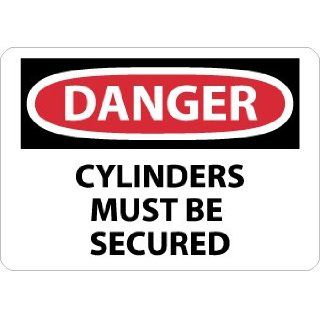 NMC D635RB OSHA Sign, Legend "DANGER   CYLINDERS MUST BE SECURED", 14" Length x 10" Height, Rigid Plastic, Black on White Industrial Warning Signs