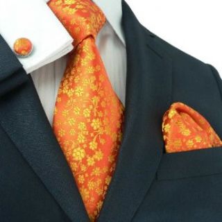 Landisun 661 Bright Orange Floral Pattern Mens Silk Tie Set Tie+Hanky+Cufflinks at  Mens Clothing store