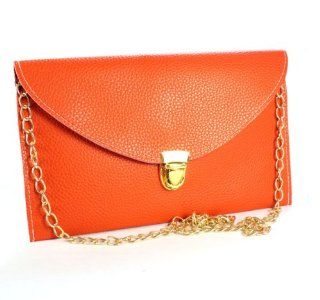 amtonseeshop Fashion Womens Golden Chain Envelope Purse Clutch Synthetic Leather Handbag (Orange): Clothing