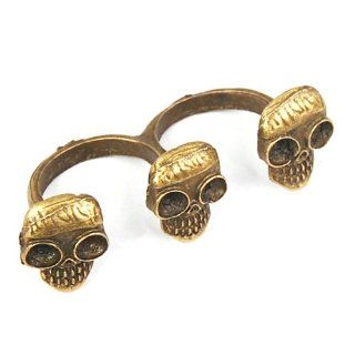 Easyfashion Fashion Retro Bronze Gothic 3 Skull Holes Two Double Finger Ring Hot Punk: Jewelry