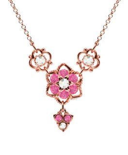 Lucia Costin Y Necklace Crafted in 24K Pink Gold over .925 Sterling Silver with Twisted Lines, 6 Petal Middle Flowers, Dots, White and Pink Swarovski Crystals; Handmade in USA: Collar Necklaces: Jewelry