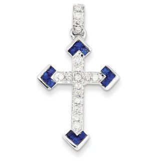 14k White Gold Diamond & Sapphire Cross Pendant 30mmx36mm: Jewelry