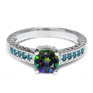 1.17 Ct Round Green Mystic Topaz Blue Diamond 925 Silver Engagement Ring: Jewelry
