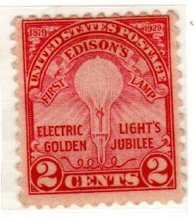 Postage Stamps United States. One Single 2 Cents Carmine Rose Edison's First Lamp Commemorative Issue Stamp Dated 1929, Scott #654. 