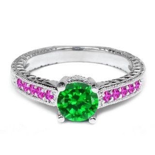 1.68 Ct Round Green Created Emerald Pink Sapphire 925 Sterling Silver Ring: Jewelry