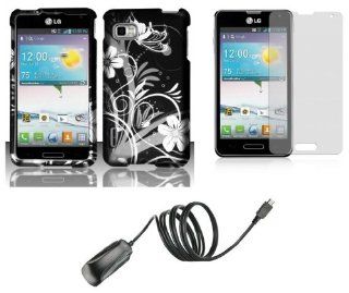 LG Optimus F3 (LS720, MS659)   Accessory Combo Kit   Silver Meadow Butterfly Flower on Black Design Shield Case + Atom LED Keychain Light + Screen Protector + Micro USB Wall Charger: Cell Phones & Accessories