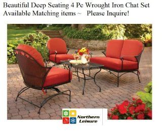 4 Pc Outdoor Black Wrought Iron Deep Seating Chat Set Table & Chairs & Sofa Red Cushions : Outdoor And Patio Furniture Sets : Patio, Lawn & Garden