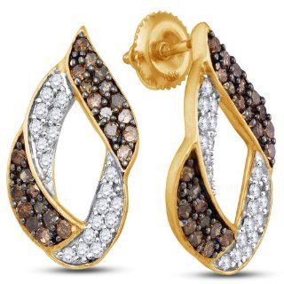 10K Yellow and White Two 2 Tone Gold Round Brilliant Cut Chocolate Brown and White Diamond   Channel Set Studs Earrings with Secure Screw Back Closure   (1.00 cttw.): Jewelry