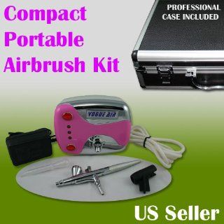 Dual Action / Compact Portable Airbrush Makeup Air Compressor Kit Gravity Feed Spray Salon Nail Pink Color with Case