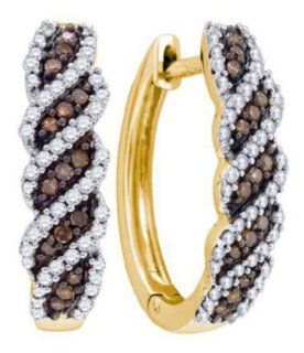 0.64 cttw 10k Yellow Gold Cognac Diamond Huggie Hoop Earrings Chocolate Brown Diamonds, Twist Design, Colors Of Diamonds Are Light To Medium Brown (Real Diamonds: 2/3 cttw): Jewelry