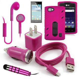 LG Optimus M+ MS695 (metroPCS) Pink Duo Ultra Rugged Cover, USB Car Charger Plug, USB Home Charger Plug, USB 2.0 Data Cable, Metallic Stylus Pen, Stereo Headset & Screen Protector (7 Items) Retail Value: $89.95: Cell Phones & Accessories