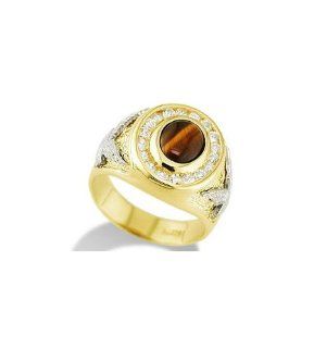 Mens Tiger's Eye CZ 14k Yellow White Gold Eagle Ring: Jewelry
