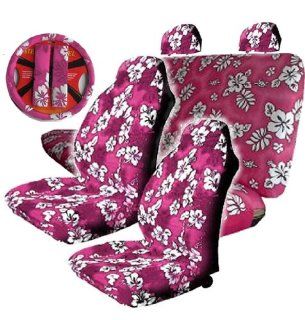 9pc Pink Hawaiian Hibiscus Seat Covers Combo Front High Back Seat Covers Bench Rear Cover Steering Wheel Cover and a Set of Shoulder Pads: Automotive